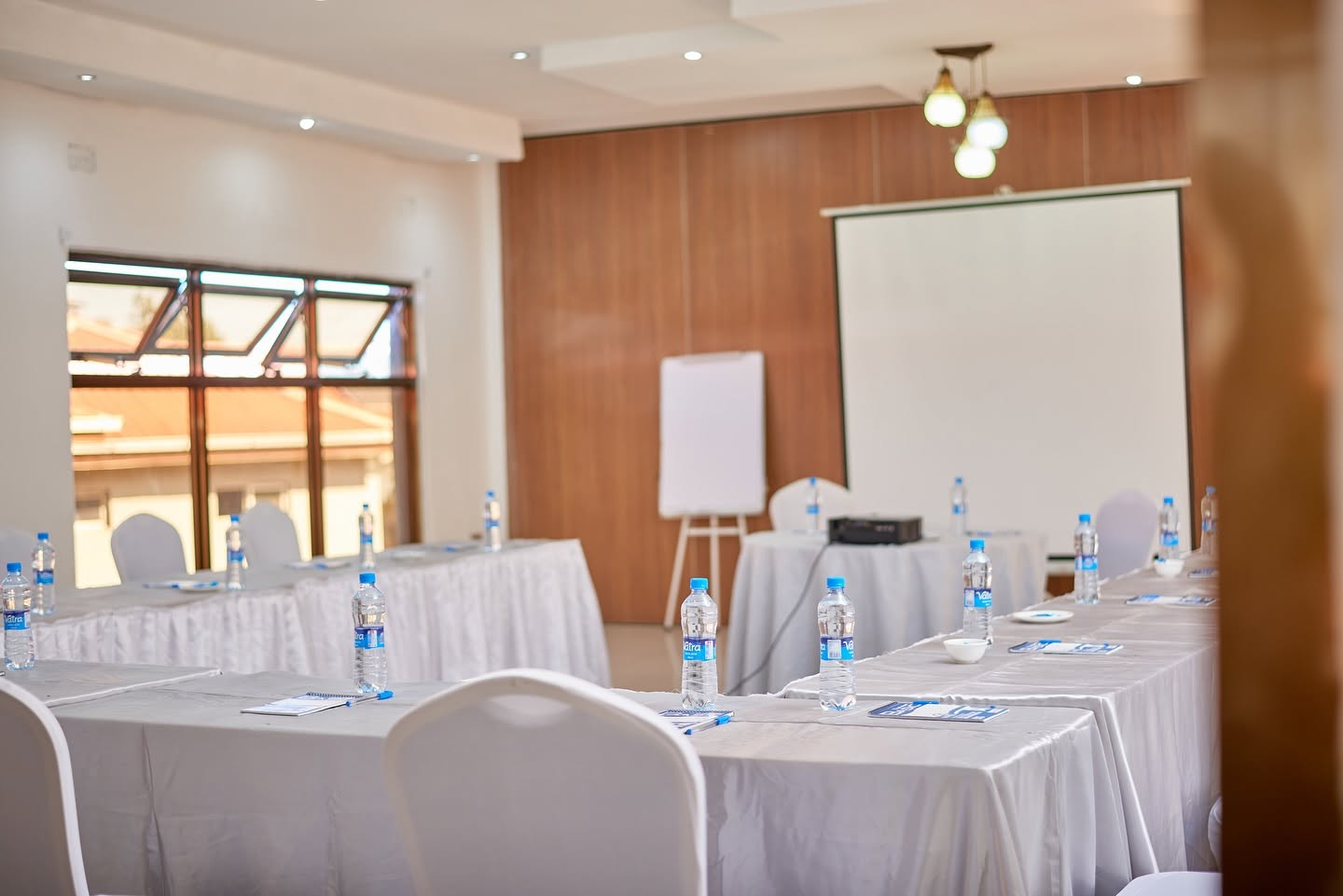 Conference setup with presentation screen